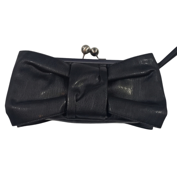 Jessica Simpson Black Faux Leather Bow Clutch Wristlet Detachable Wallet Keyring - Picture 2 of 11